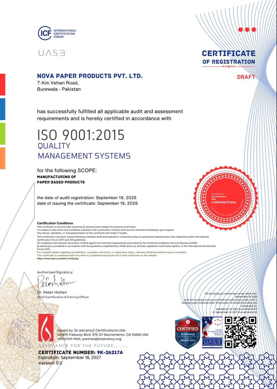 NOVA Paper Products Certificate